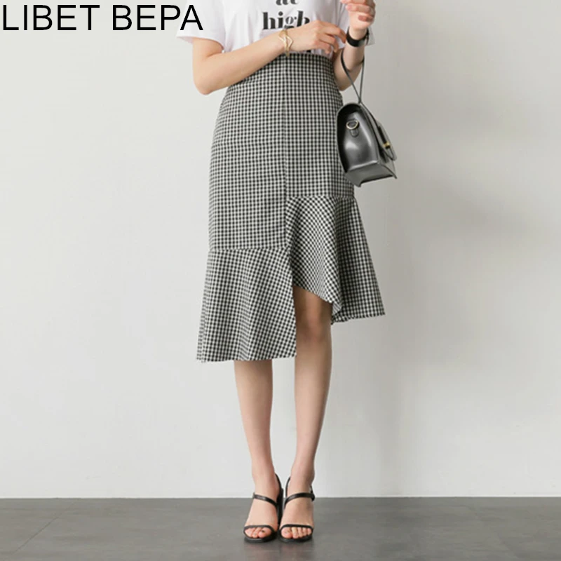 Женская Асимметричная юбка-годе Повседневная клетчатая юбка составного кроя с