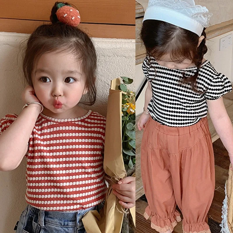 

2021 New Summer Girl Stripe Short Sleeve T-shirt Princess Bow Backless Puff Sleeve Dot Top Korean Kid Children Clothing For Girl