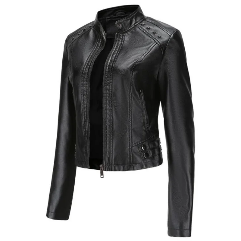 Women's rivet leather jacket short coats spring autumn long-sleeved  thin stand collar fashion new style abrigos mujer invierno