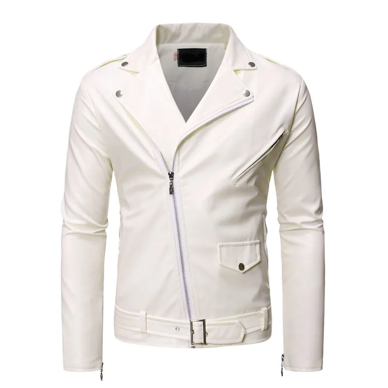 

Fashion Men Diagonal Zipper Imitation Leather Jacket Black White Dark Brown Teenager High Street Lapel Jacket