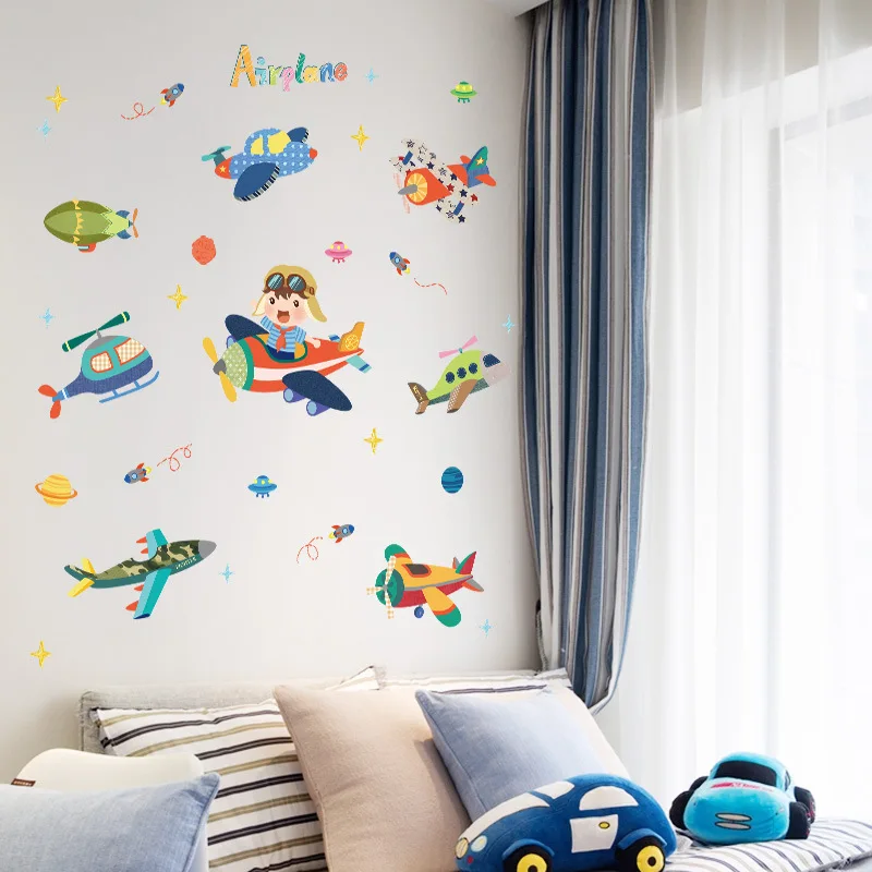 

Cartoon Airplane Wall Stickers for Kids Room Bedroom Decoration Wall Decals Kindergarten Classroom Layout PVC Removable Murals