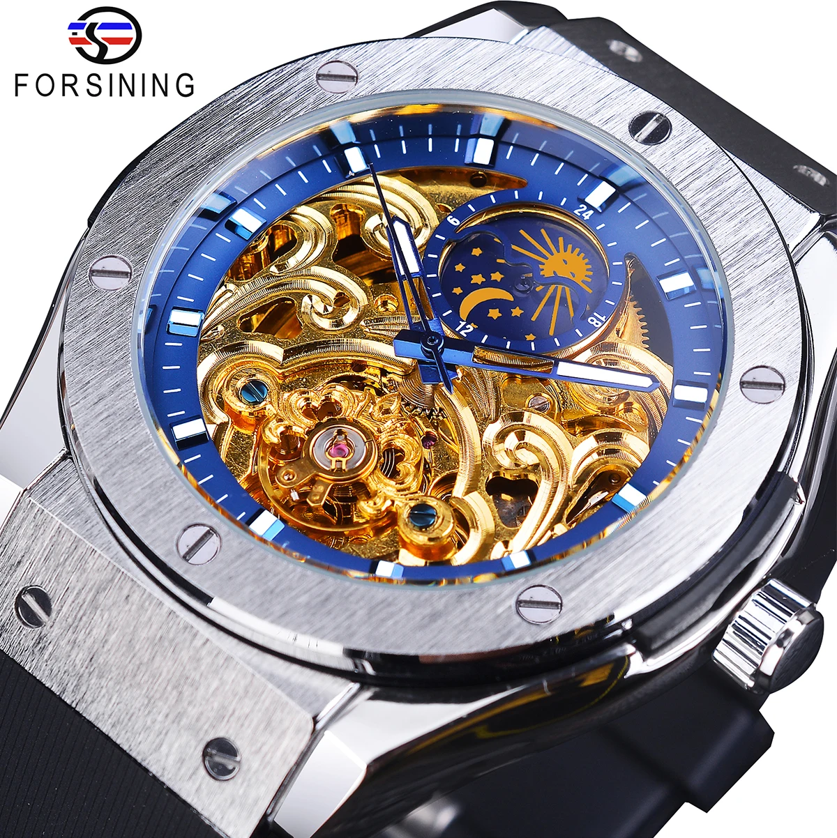 

Forsining Casual Waterproof Silicone Band Men Automatic Mechanical Skeleton Flywheel Moon Phase Business Watch Relojes Hombre