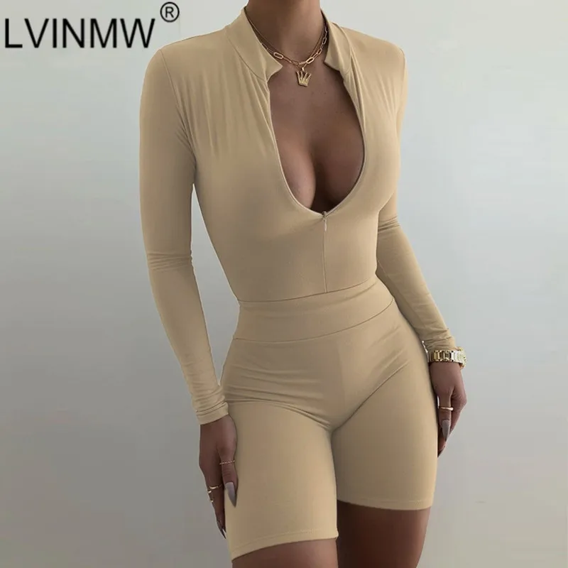 

LVINMW Solid Skinny Slim Basic Sports Casual Women Two Piece Set Front Zipper Fly Long Sleeve Bodysuit Elastic High Waist Shorts