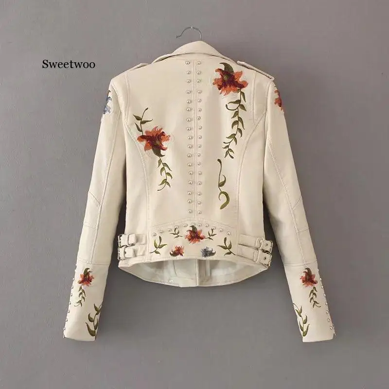Women Floral Print Embroidery Faux Soft Leather Jacket Coat  Turn-down Collar Casual Pu Motorcycle Black Punk Outerwear