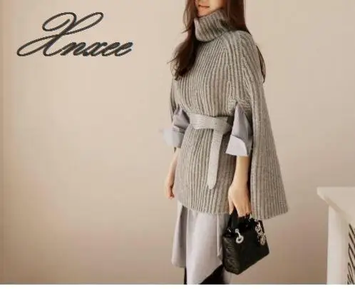 Women's new autumn and winter split fork high collar wild poncho knit sweater