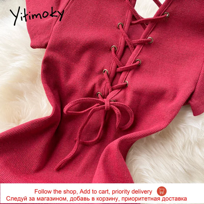 

Yitimoky Vintage Fashion Backless High Waist Dresses Women Short Sleeve O-Neck Lace Up Clothing A-Line 2021 Summer Korean New