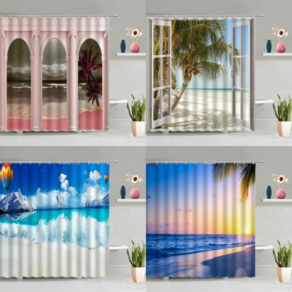 

Занавеска для душа с морским пейзажем, 3D занавеска на окно, дверь, Пляжная пальма, воздушный шар, Чайка, декор для ванной комнаты, экран моющи...