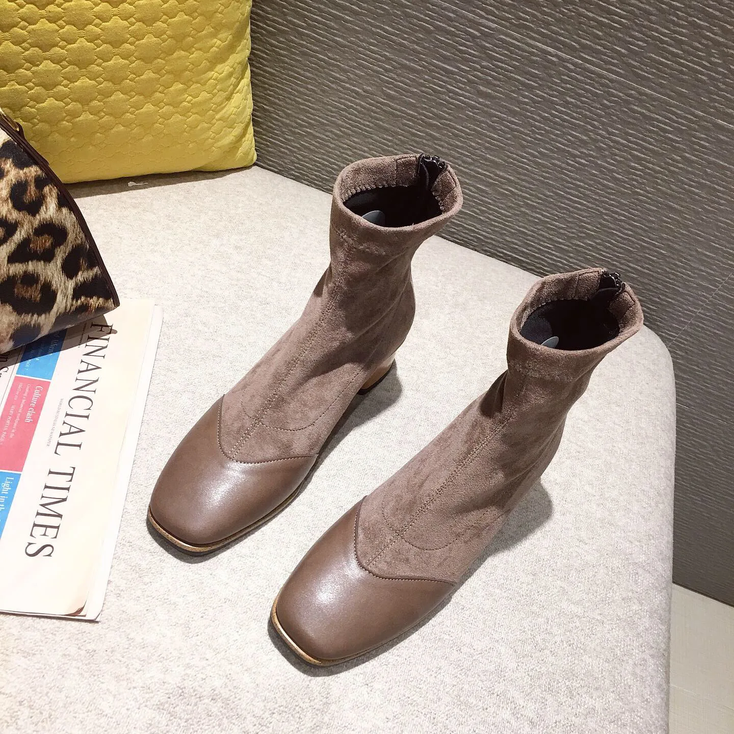 

boots head splicing short Suede Flat heel women's versatile square thin boots 2020 leisure ins back zipper comfortable