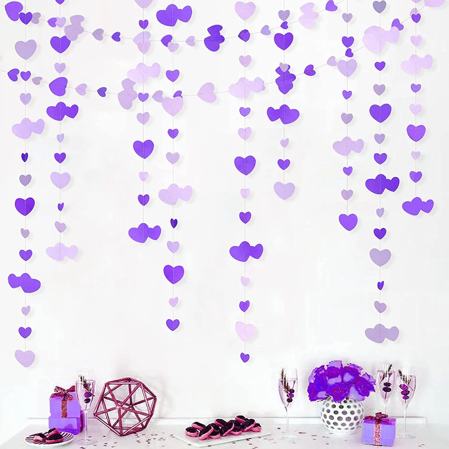 

Purple Love Heart Garland Lavender Lilac Wedding Hanging Paper Heart Streamer Banner for Baby Bridal Shower Valentines Day Decor