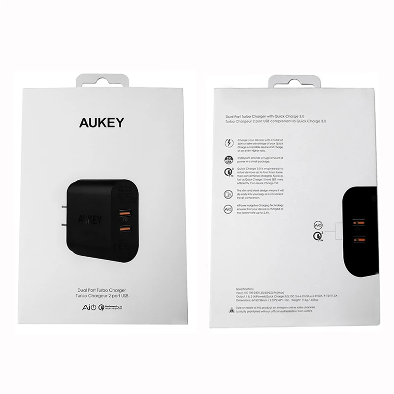 Зарядное устройство Aukey сетевое с двумя USB-портами и поддержкой быстрой зарядки 3 0