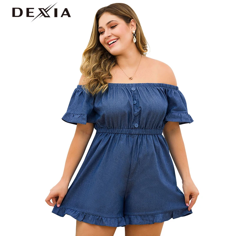 DEXIA Лето Плюс Размер 3XL 4XL Комбинезоны для женщин деним с открытыми плечами кнопки