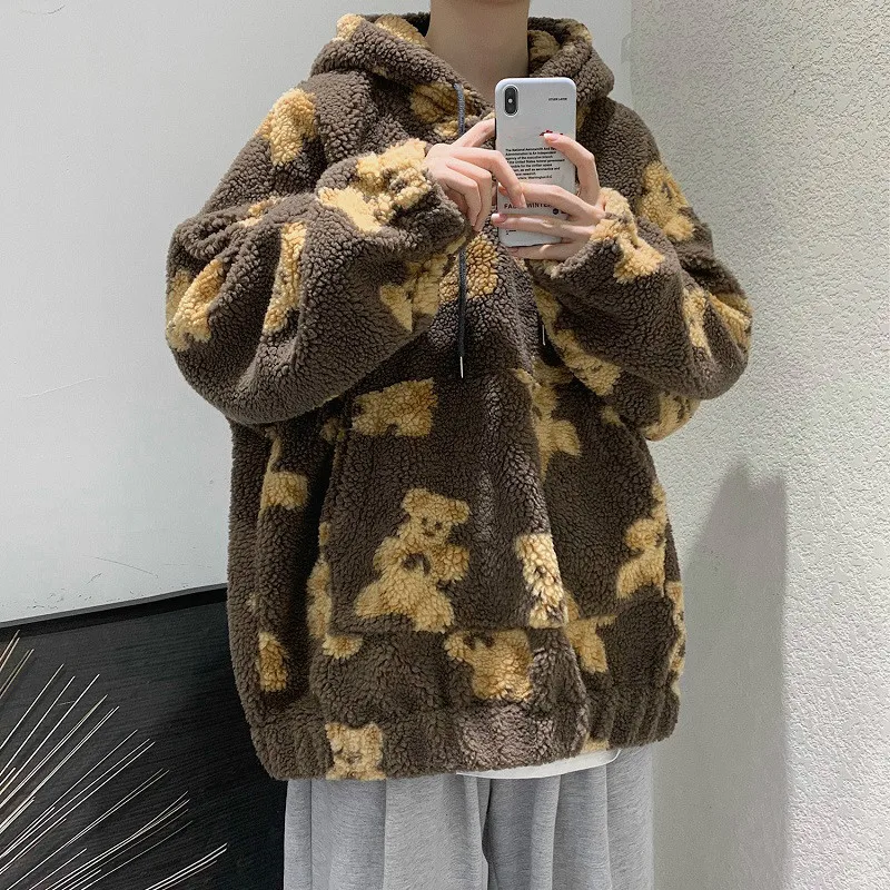 

Autumn Winter Women Harajuku Loose Hoodies Cute Bear Graphic Soft Oversized Coat For Couples Korean Warm Outerwear Sweatshirt