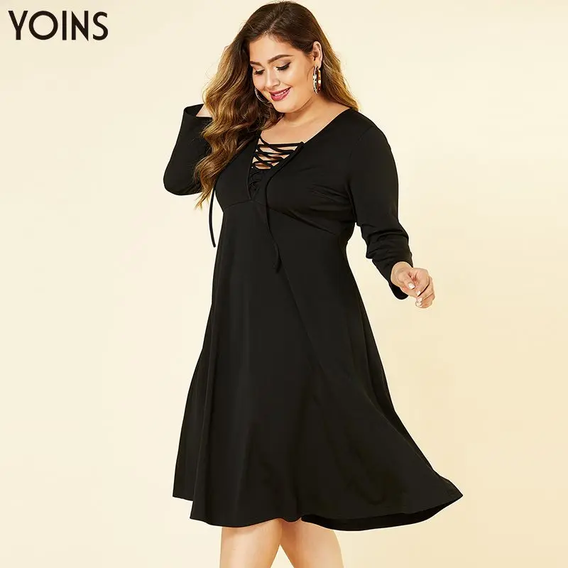 YOINS Classy Black Plus Size Lace Up V Neck Solid Dress 2020 Women Autumn Winter Office Lady Basics Long Sleeve Midi Dresses | Женская