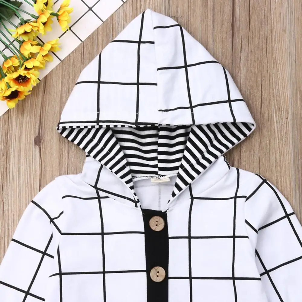 

Baby Boys Girl Romper Toddler Kids Plaid Hooded Autumn Long Sleeve Romper Jumpsuit Stripe Splice Gentle Outfits 2019 Newest