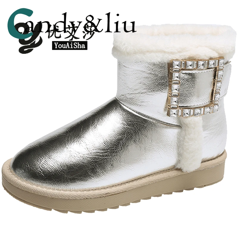 

Fashion non-slip snow boots women's new winter plus velvet boots rhinestone square buckle thickened warm cotton shoes women