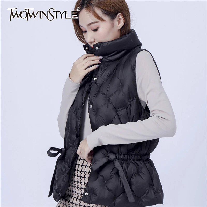 TWOTWINSTYLE белый шнурок женский жилет стоячий воротник без рукавов однобортный