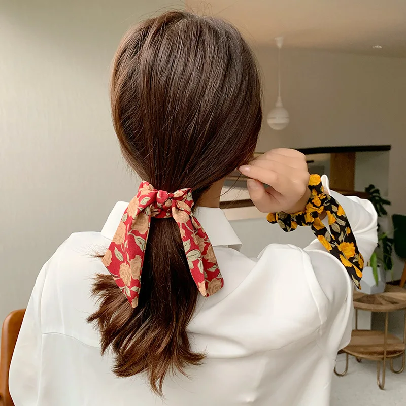 

Women Elegant Ethnic Style Print Bow Ribbon Scrunchie Lady Sweet Ponytail Holder Elastic Hair Bands Fashion Hair Accessories