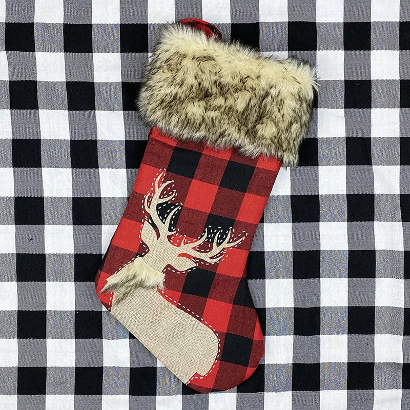

60 Pcs Christmas Stockings 18" Burlap Plaid Style Snowflake Santa Snowman Reindeer Plush Faux Fur Cuff Xmas Decor Wholesale E1