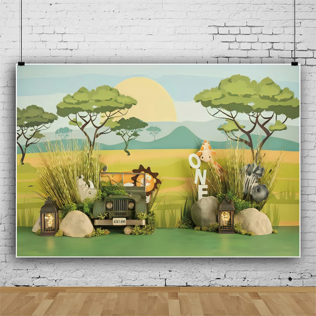 

Laeacco Baby One Birthday Scenic Photographic Backdrops Jungle Safari Green Grassland Child Photocall Poster Photo Backgrounds