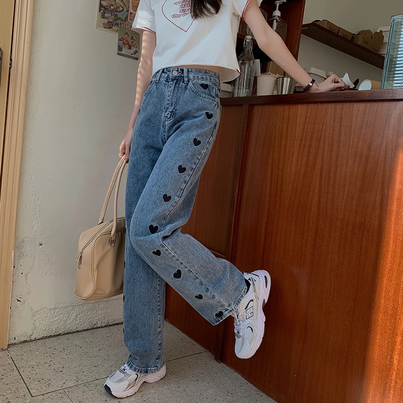 

Spring Women's Korean All Match Wide Leg Long Denim Pants Straight High Waist Love embroidery Casual Loose Vintage Pants B13004X