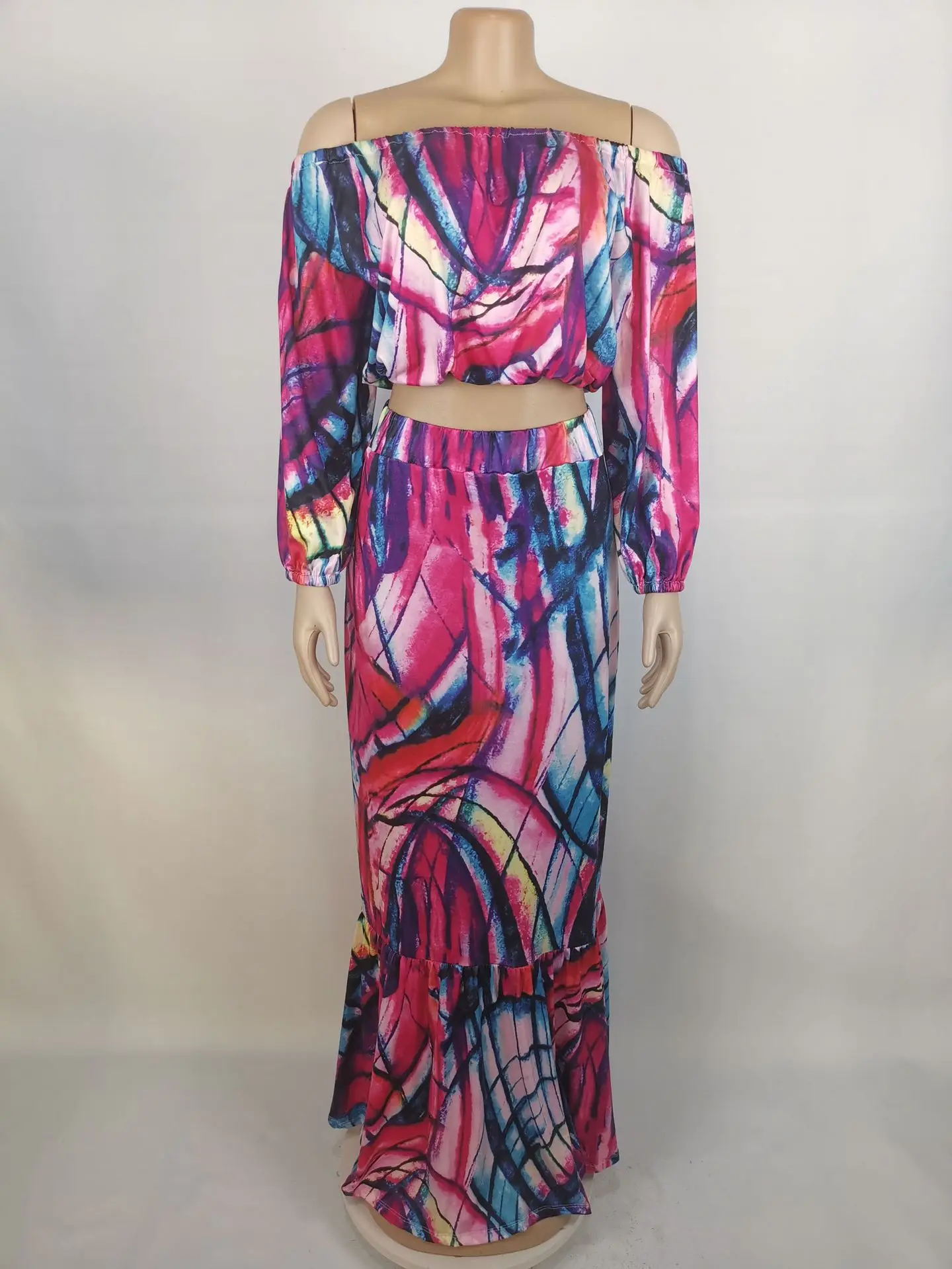 

2021 Multicolored Fashion Print Women Two Piece Sets Full Sleeve Slash Neck Crop Tops + Loose High Waist Floor Length Skirt Sets