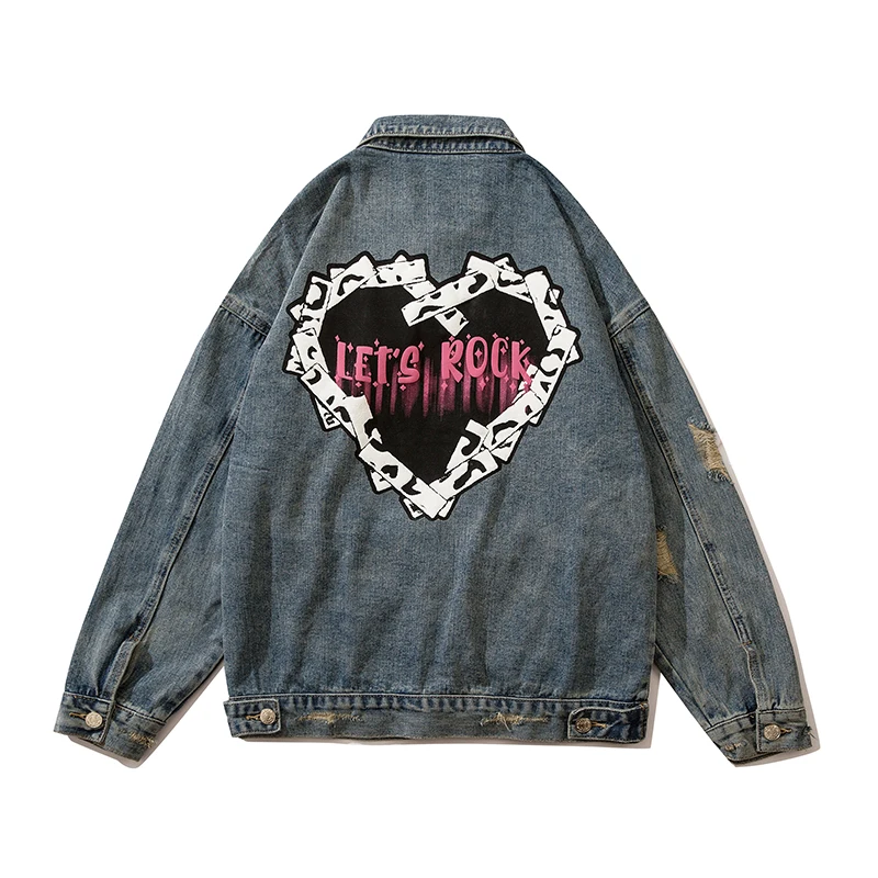 

Harajuku Washed Hole Love Shape Letter Print Jeans Jackets Mens and Womens Lapel Oversize Streetwear Windbreaker Denim Coat