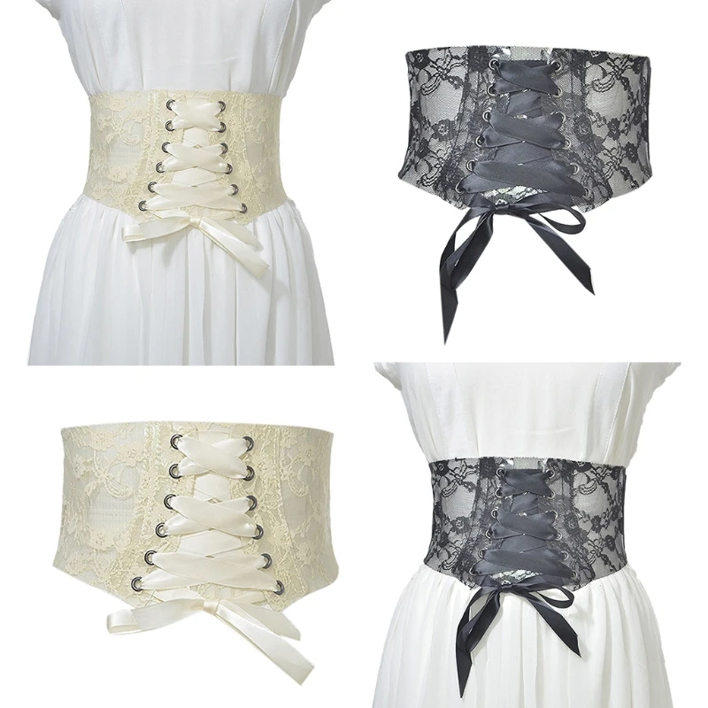 

K5DA Black And Beige Lace Sexy Corset Top Solid Pattern Type Slim Lace Hollow Top Sweet Black Lace Corset Top With Ribbon