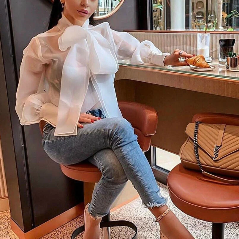 Элегантная женская прозрачная сетчатая блузка однотонные рубашки на шнуровке с