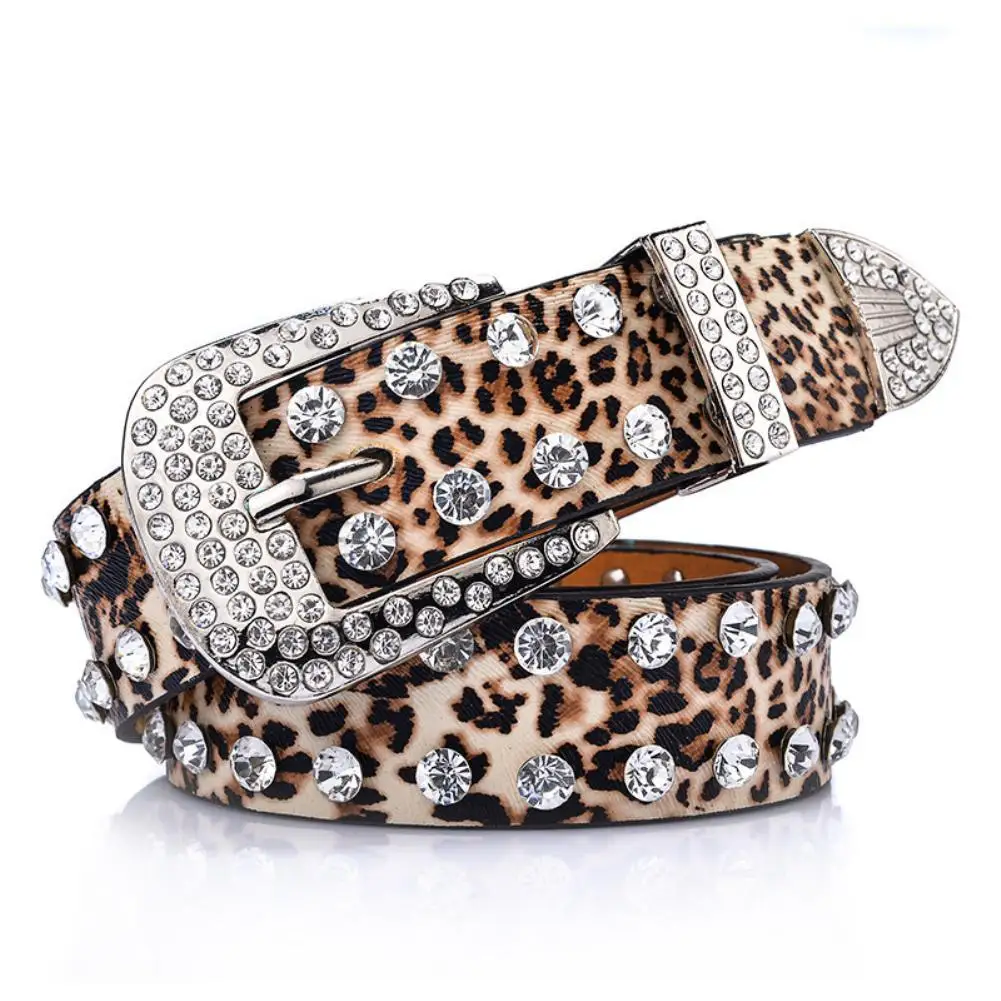 

Fashion Women Leopard Rhinestone Inlaid Soft Faux Leather Belt Buckle Waistband