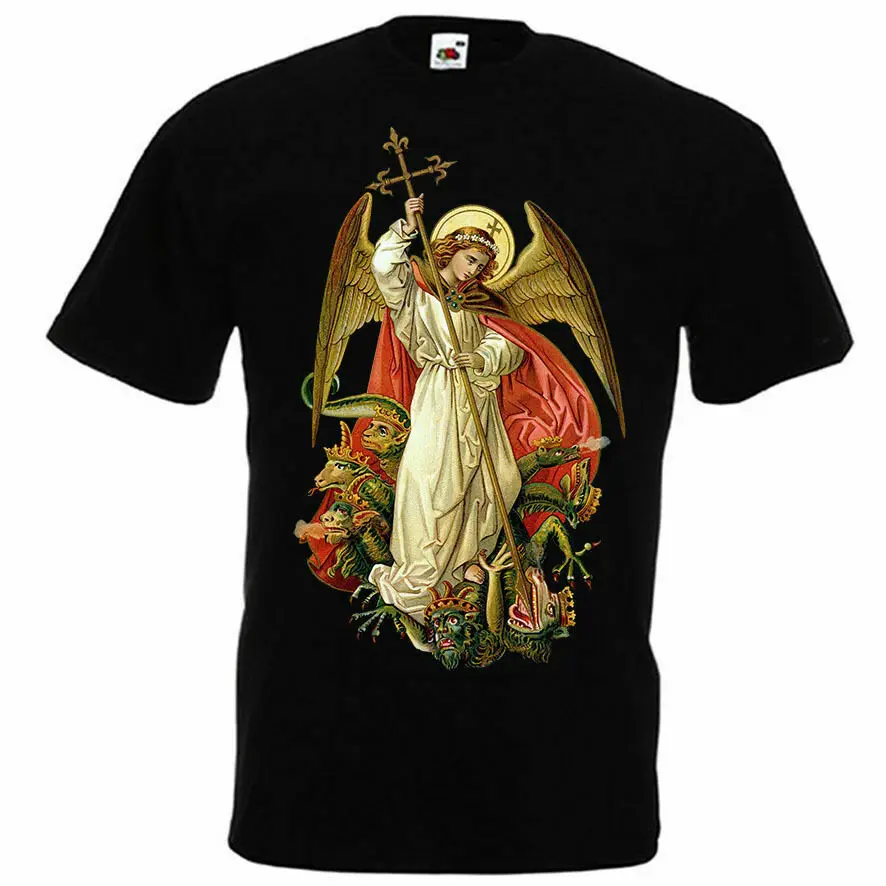 

St. Michael The Archangel Destroy Devil. Christian Catholic Statue T-Shirt. Summer Cotton Short Sleeve O-Neck Mens T Shirt New
