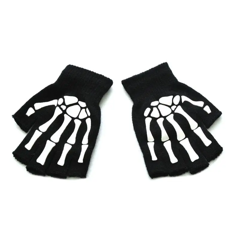 

Unisex Adult Halloween Skeleton Skull Half Finger Gloves Luminous Winter Mittens 68UA