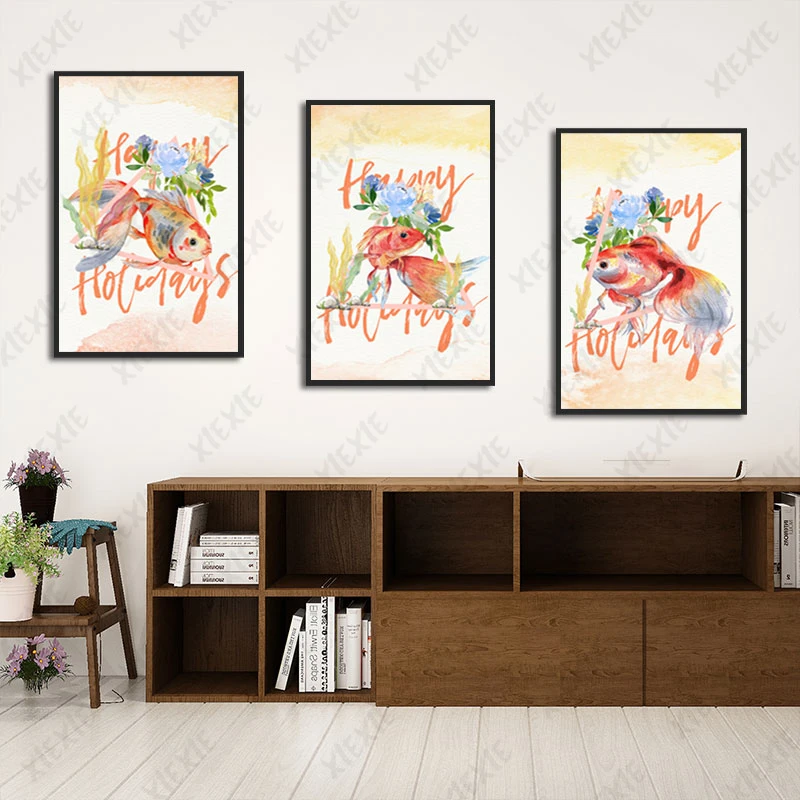 

Nordic Wall Art Posters with Lovely Goldfish Colorful Flowers English Letter Graffiti Canvas Painting for Living Room Decoration