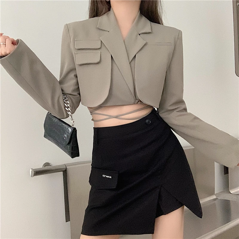 

Hollow Out Cross Blazer For Women Notched Long Sleeve Casual Short Blazers Female Fashion New Clothing 2021 Style