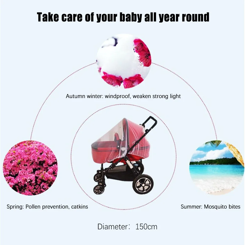 

Baby Stroller Pushchair Mosquito Insect Shield Net Mesh Stroller Accessories cart Mosquito Net Safe Infants Protection 150cm