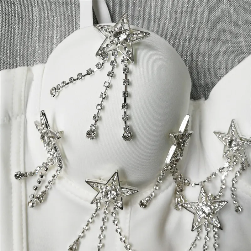 

Women New Fashion Sexy Bra Hot Selling Five-pointed Star Rhinestones Cropped Top Tassel Short Vest Shiny Tunic Sleeveless Corset