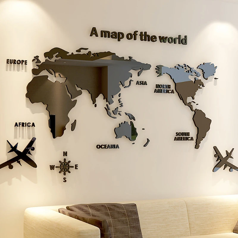Solid Acrylic Wall Sticker World Map Decals For Living Room 3D Wall Decals