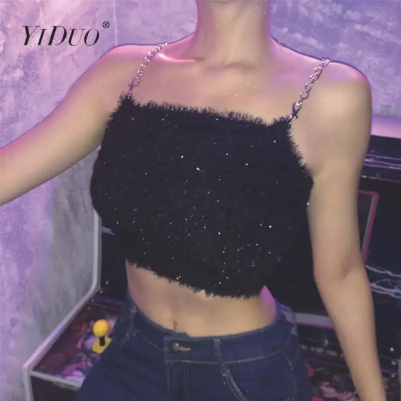 Женский укороченный топ YiDuo с металлическими цепочками на бретельках черный