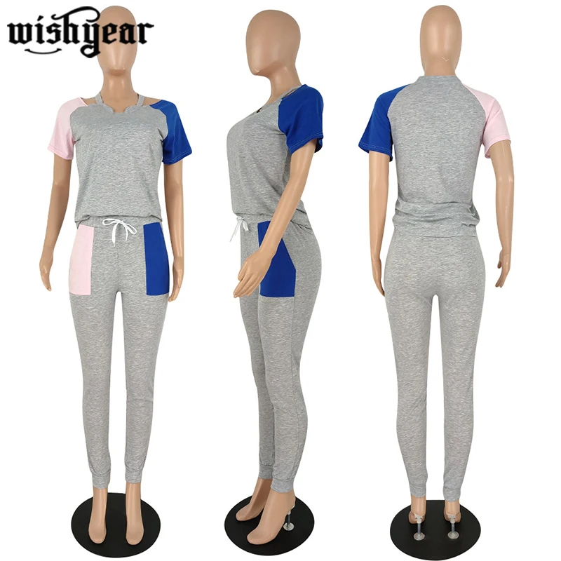 

Colorful Patchwork Tracksuit Woman Short Sleeve Tops Drawstring Pocket Elastic Full Length Pant 2 Piece Set Casual Outfits
