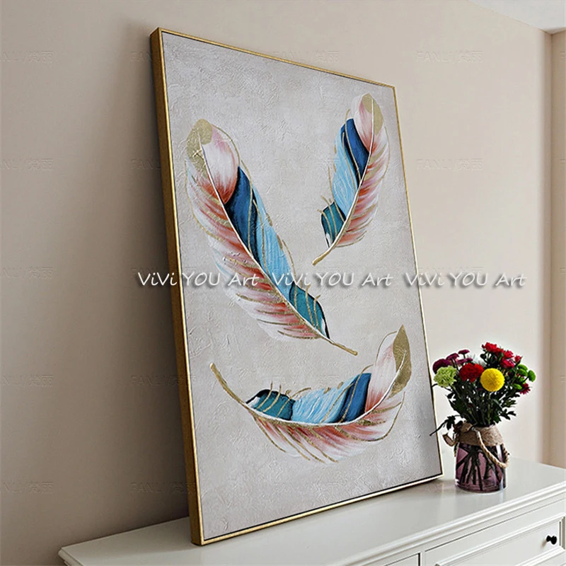Золотое перо ручной работы картина маслом настенная абстрактная живопись холст
