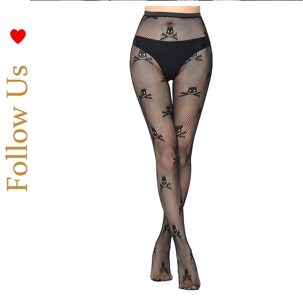 Колготки в сеточку с принтом черепа стиле панк |