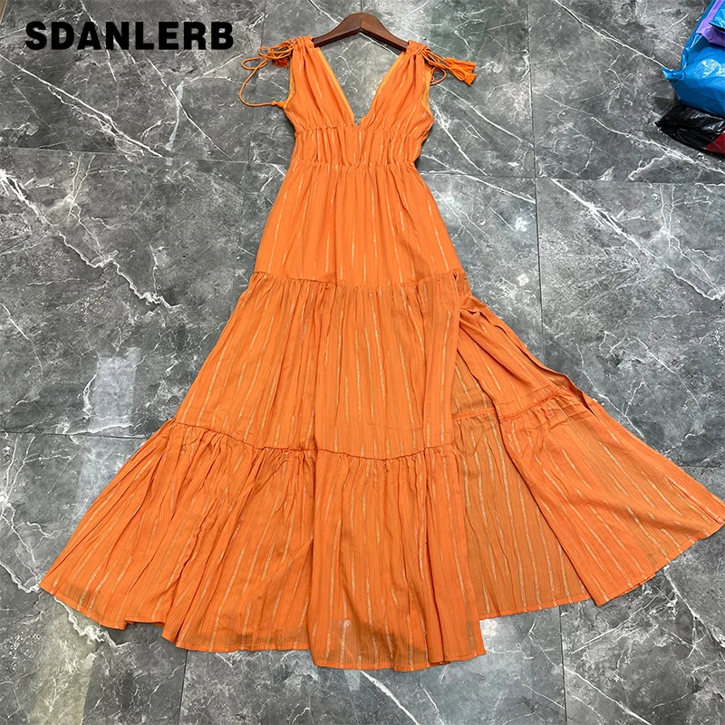 

2021 Summer New French Gold Silk V-neck Split Dress Women's Elegant Sexy Dinner Long Strap Tank Dress Femme Maxi Party Faldas