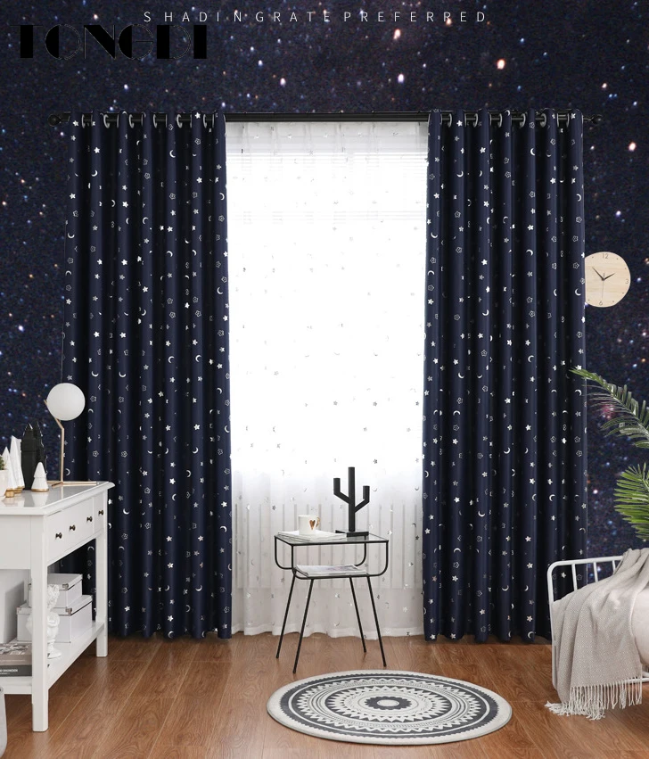 

TONGDI Children Blackout Curtain Cartoon Cute Night Sky Lovely Kawaii Silver Star Moon Decor For Parlour Bedroom LivingRoom
