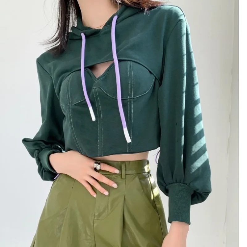 

Harajuku Hoodie New 2021 Fashion Hooded Sweatshirts Women Autumn Winter New Korean Style Sexy Hollow Short Lantern Sleeve Tops