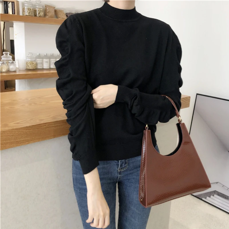 Chic Half-turtleneck Women Sweater Fashion Pleated Sleeve Female Knitting Tops 2019 Autumn Winter Jumpers femme | Женская одежда