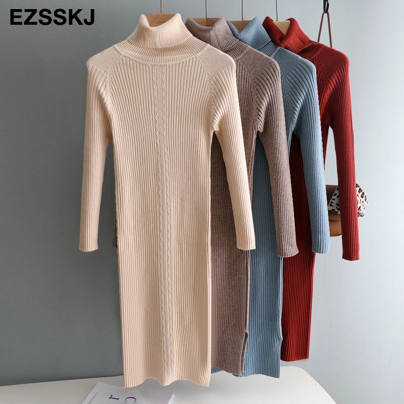 Осень зима 2020 платье свитер средней длины женское вязаное короткое с высоким