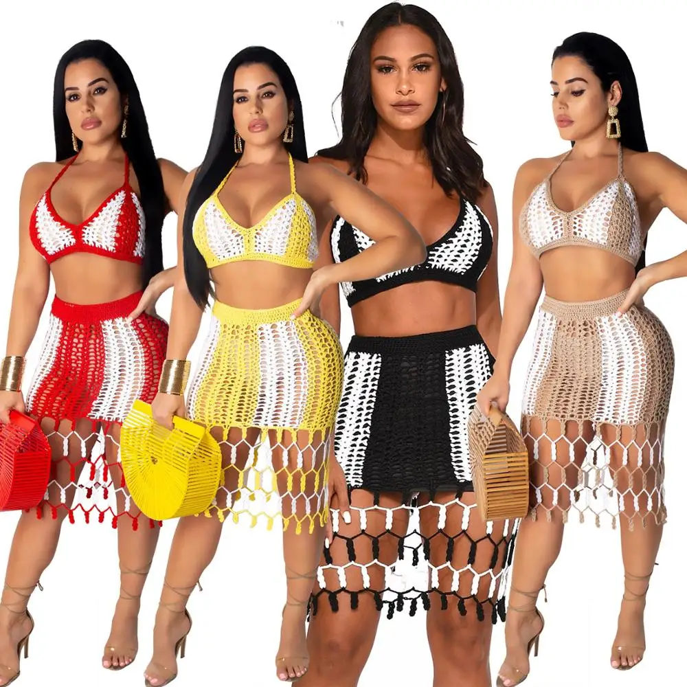

2021 Crochet Beach Bikinis Knitted Hollow Out Tassel Knee Length Skirt Casual Beach Outfits Night Club Swimsuit Holiday Outfit
