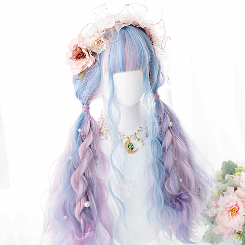 

Xnaira Lolita Wig Blonde Green Pink Blue Purple Long Wave Syntheic Hair Cosplay Wigs With Bangs For Women High Temperture Fiber