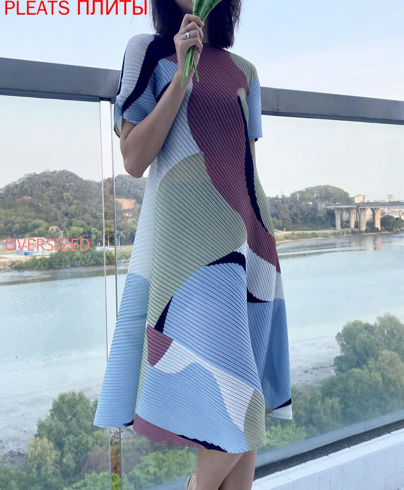 

Miyake Pleated Summer New Digital Print Dress Round Neck Short Sleeves Irregular Hem Medium Length Women Pleats Shein Elegant