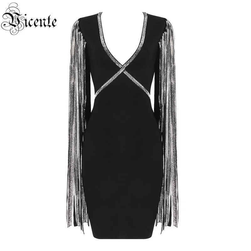 VC Бесплатная доставка 2020 женское черное платье с бусинами и кисточками на