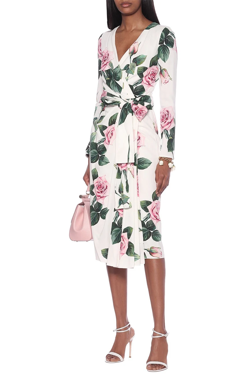 

European Runway Dress Women 2020 Autumn High Quality Vintage V-neck Long Sleeve Floral Printed Midi Woman Dress